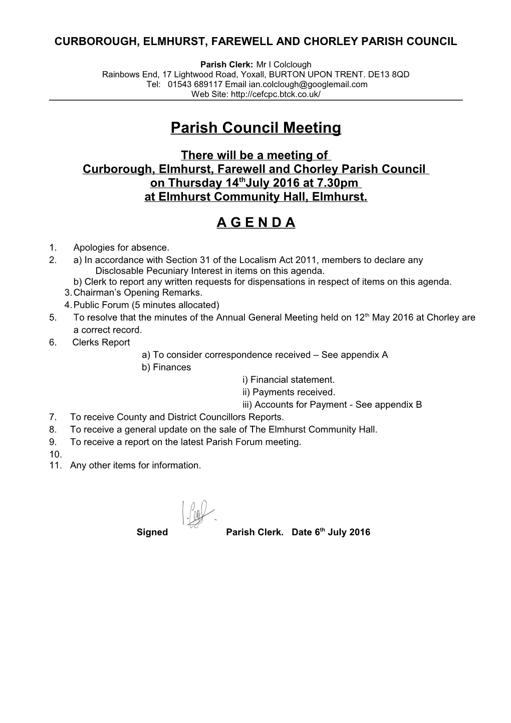 Curborough, Elmhurst, Farewell & Chorley Parish Council