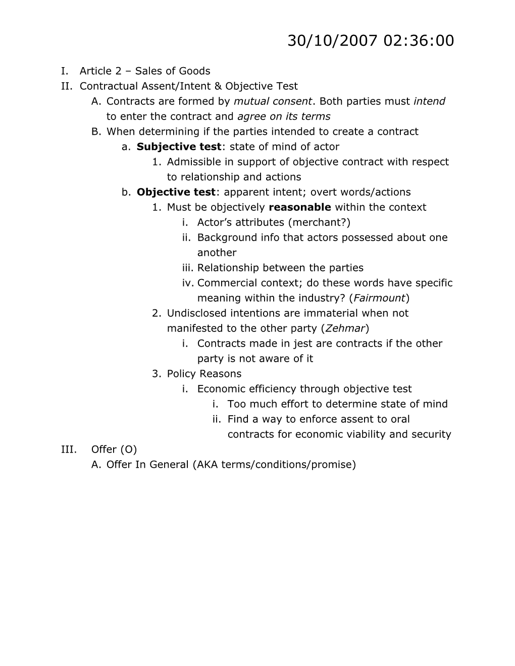 Contractual Assent/Intent & Objective Test