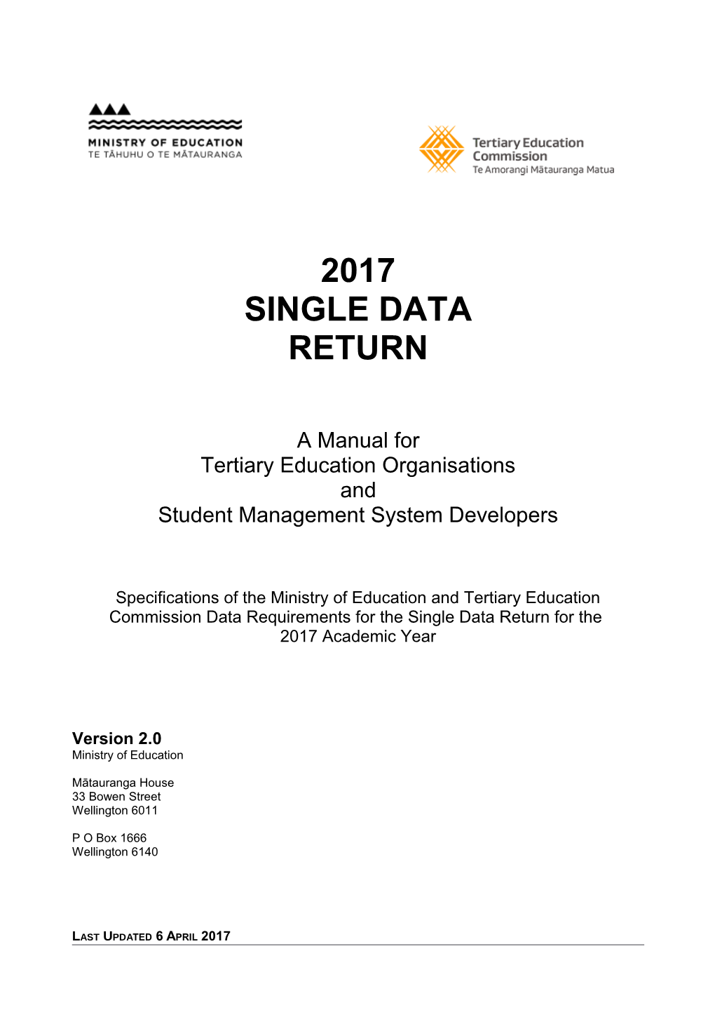 Ministry of Education - Single Data Return Manual 2017 Ver 2.0