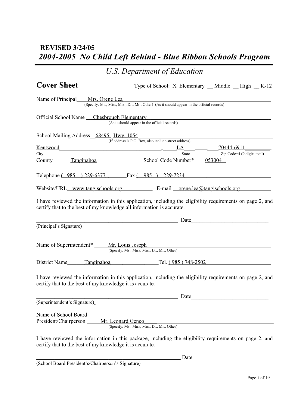 Chesbrough Elementary School Application: 2004-2005, No Child Left Behind - Blue Ribbon