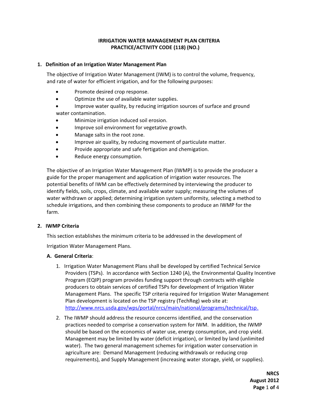 Irrigation Water Managementplan Criteria