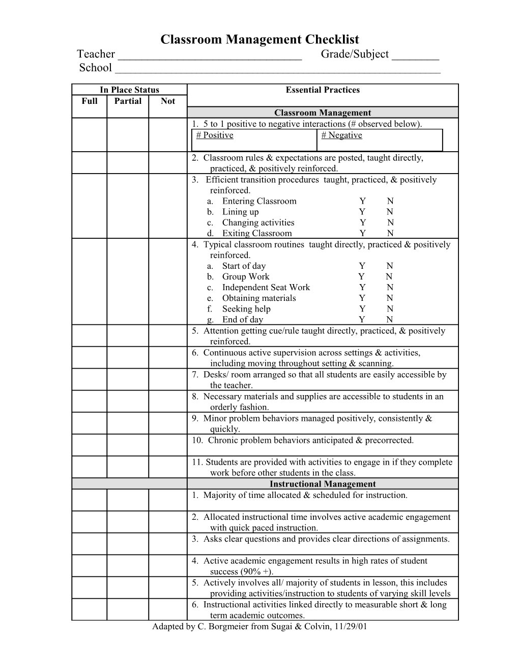 Classroom Management Checklist