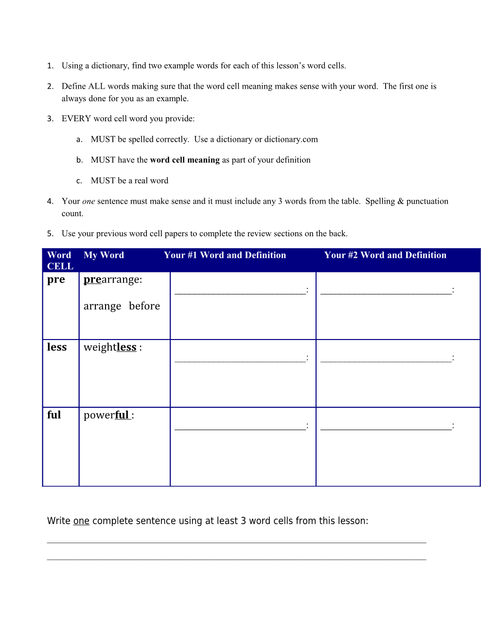 Using a Dictionary, Find Two Example Words for Each of This Lesson S Word Cells