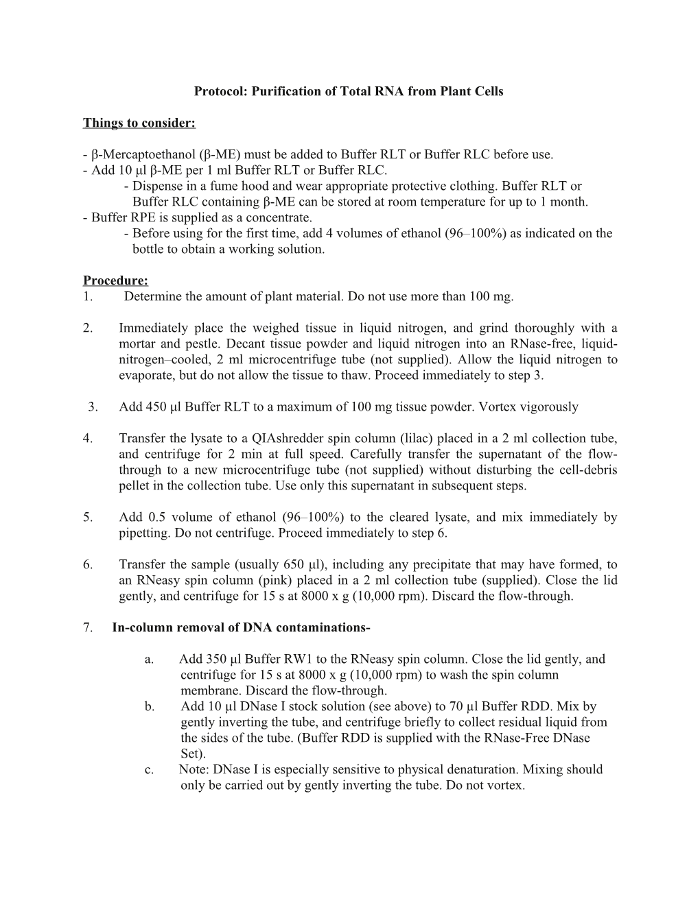 Protocol: Purification of Total RNA from Plant Cells