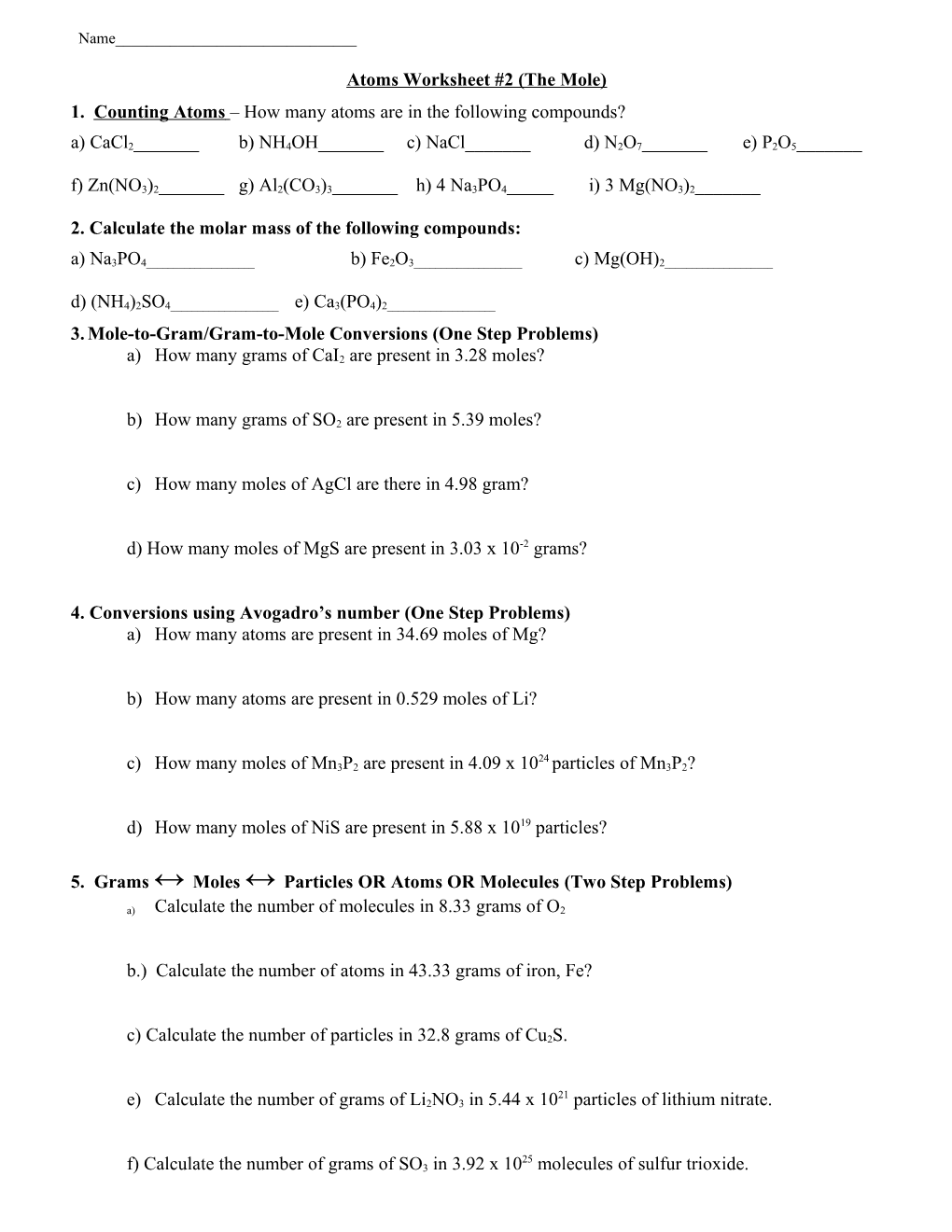 Atoms Worksheet #2 (The Mole)