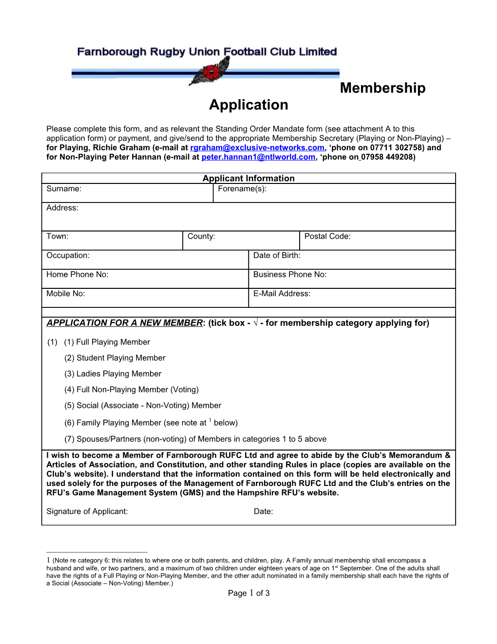 FRUFC Ltd Membership Application Form