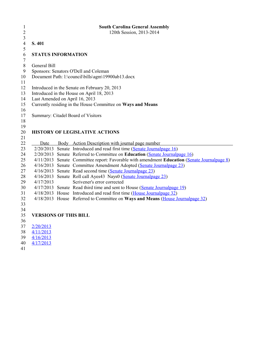 2013-2014 Bill 401: Citadel Board of Visitors - South Carolina Legislature Online