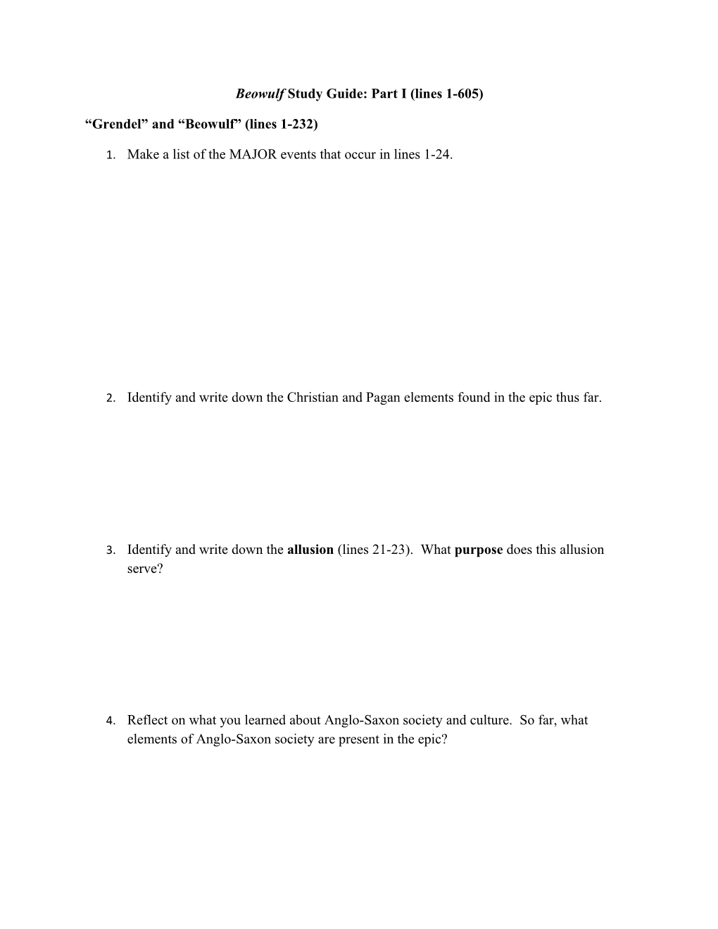 Beowulf Study Guide: Part I (Lines 1-605)