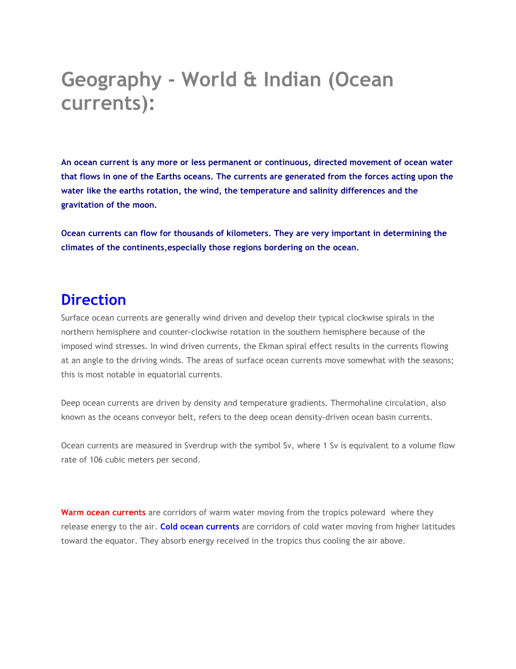 Geography - World & Indian (Ocean Currents)