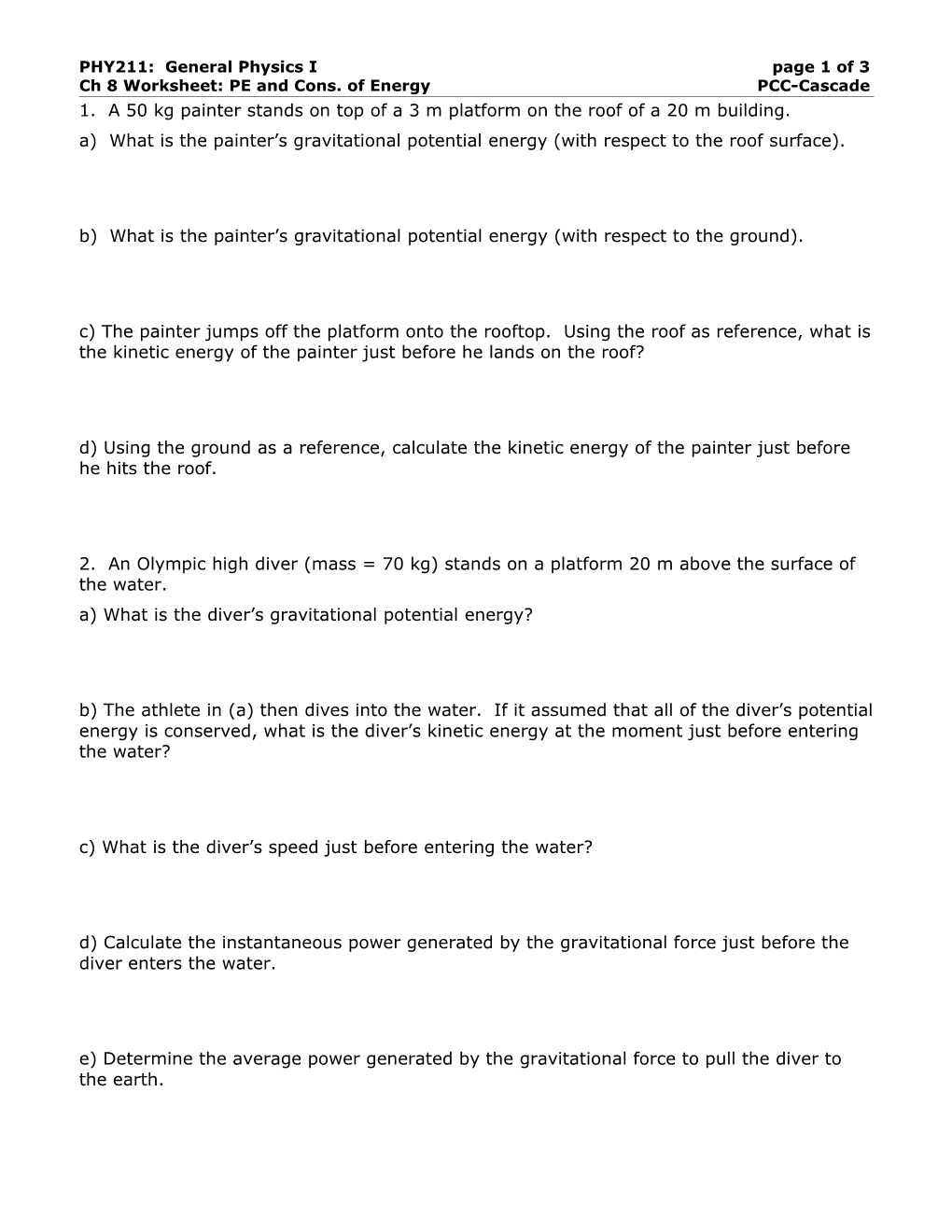 Ch 8 Worksheet: PE and Cons. of Energypcc-Cascade