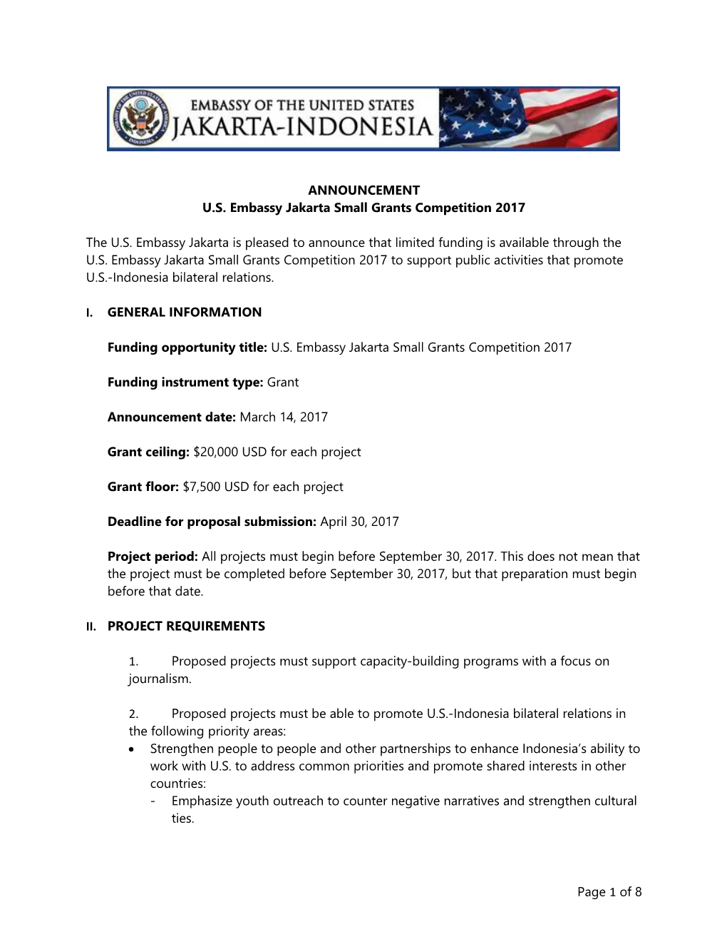 U.S. Embassy Jakarta Small Grants Competition 2017