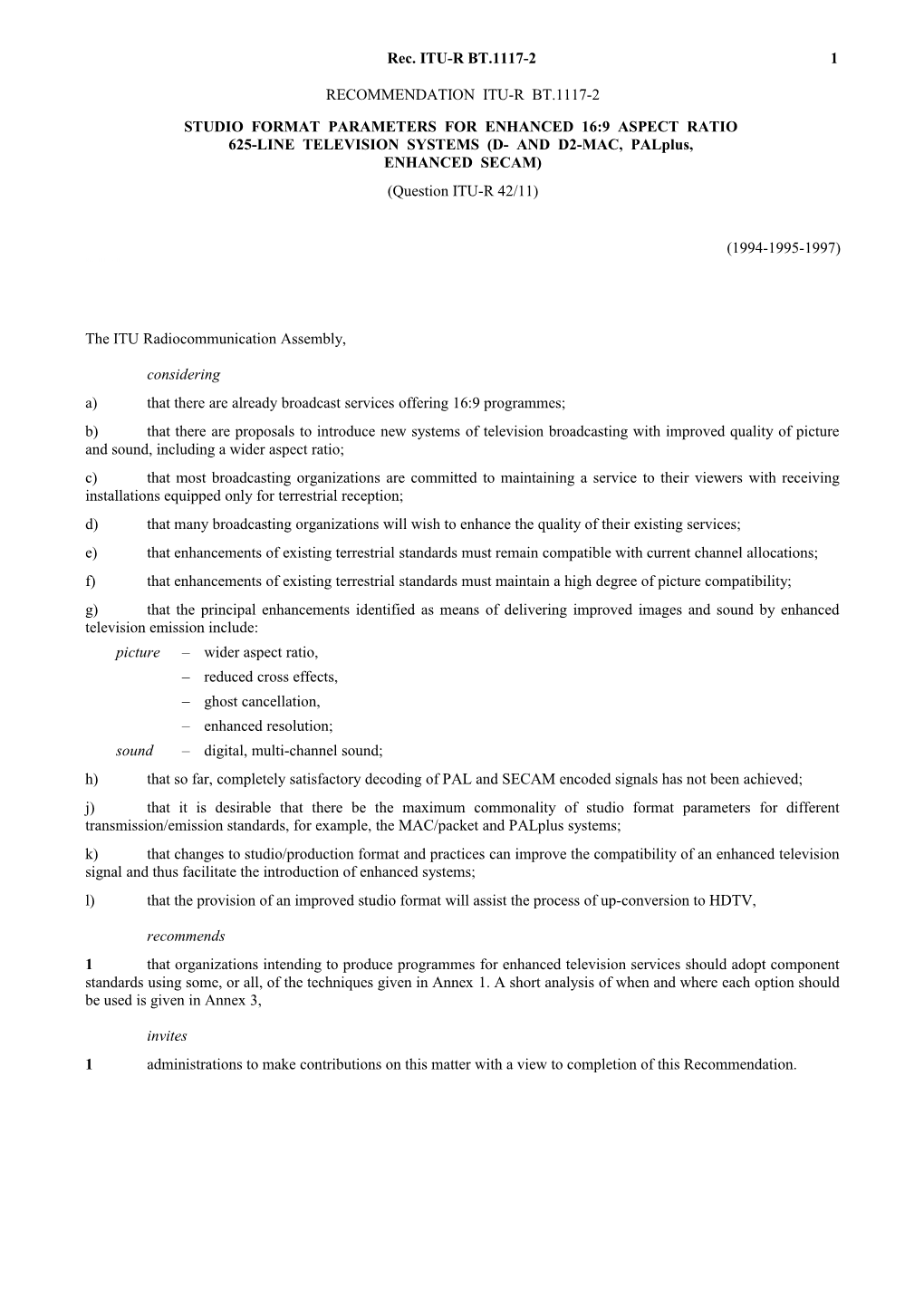 BT.1117-2 - Studio Format Parameters for Enhanced 16:9 Aspect Ratio 625-Line Television