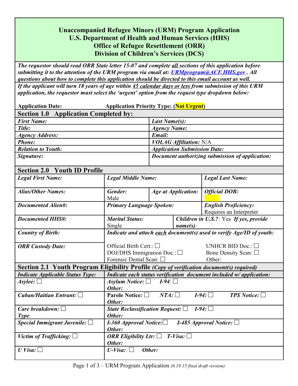 Unaccompanied Refugee Minors (URM) Program Application