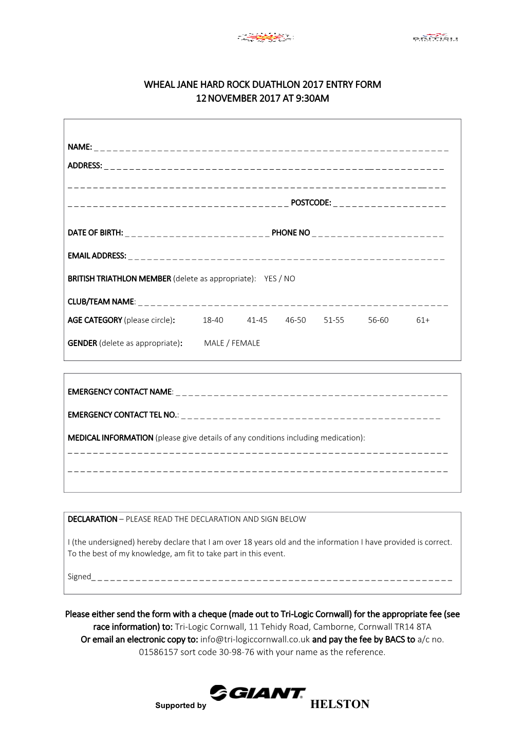 Wheal Jane Hard Rock Duathlon 2017 Entry Form