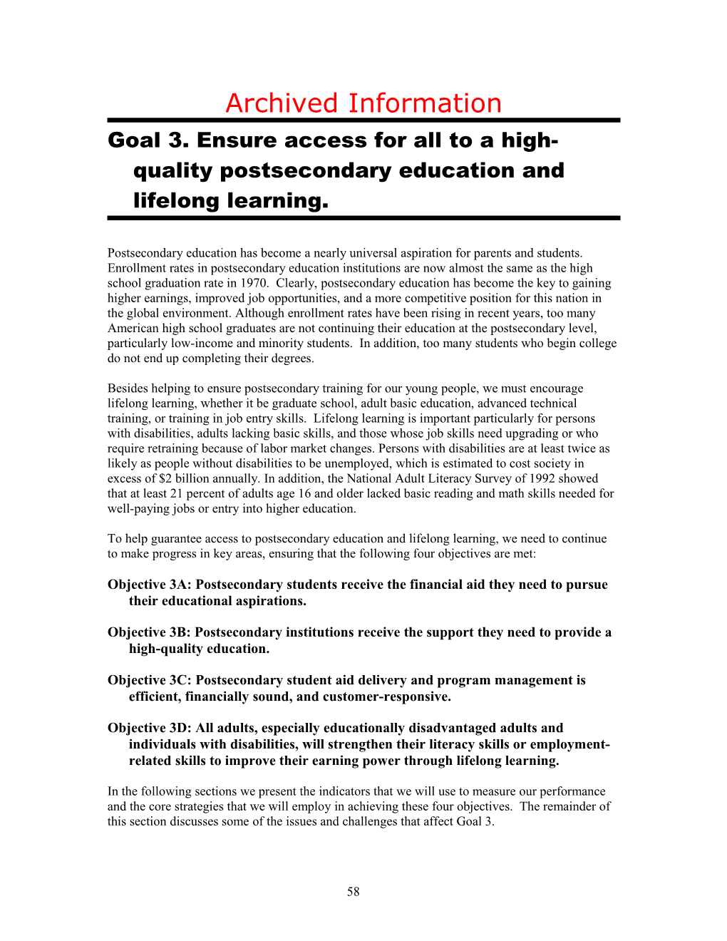 Archived - Goal 3. Ensure Access for All to a High-Quality Postsecondary Education And