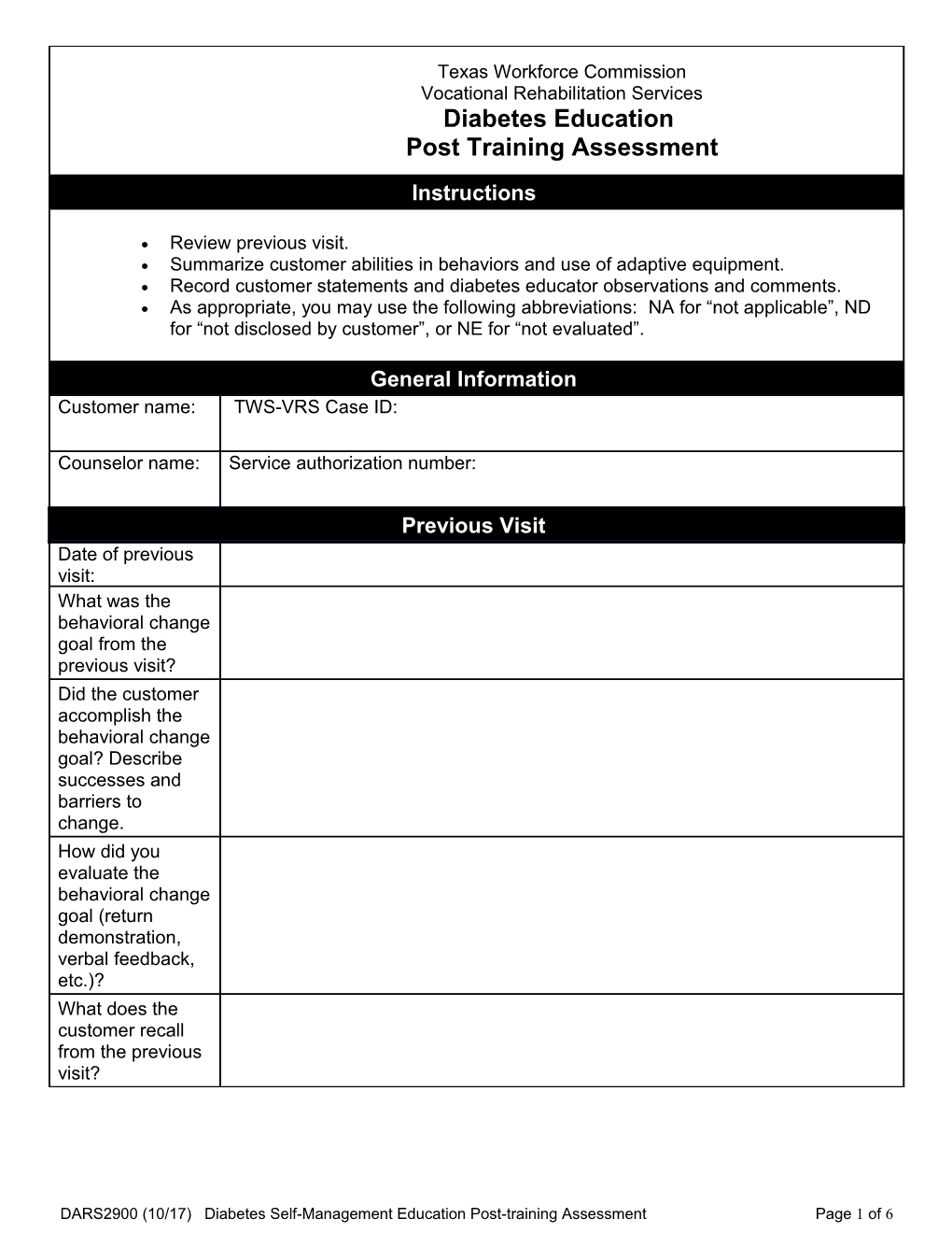 DARS2900 Diabetes Self-Management Education Post Training Assessment