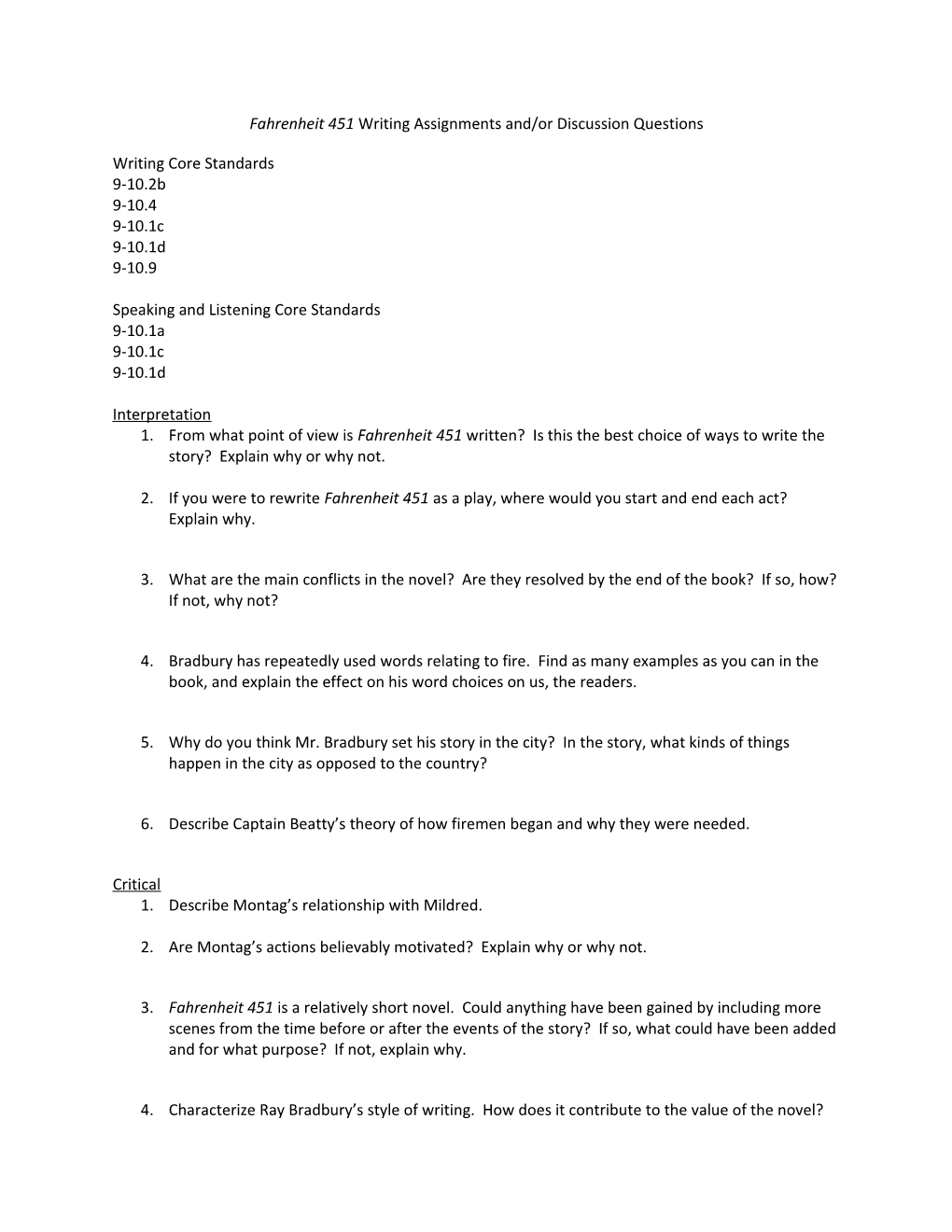 Fahrenheit 451 Writing Assignments And/Or Discussion Questions