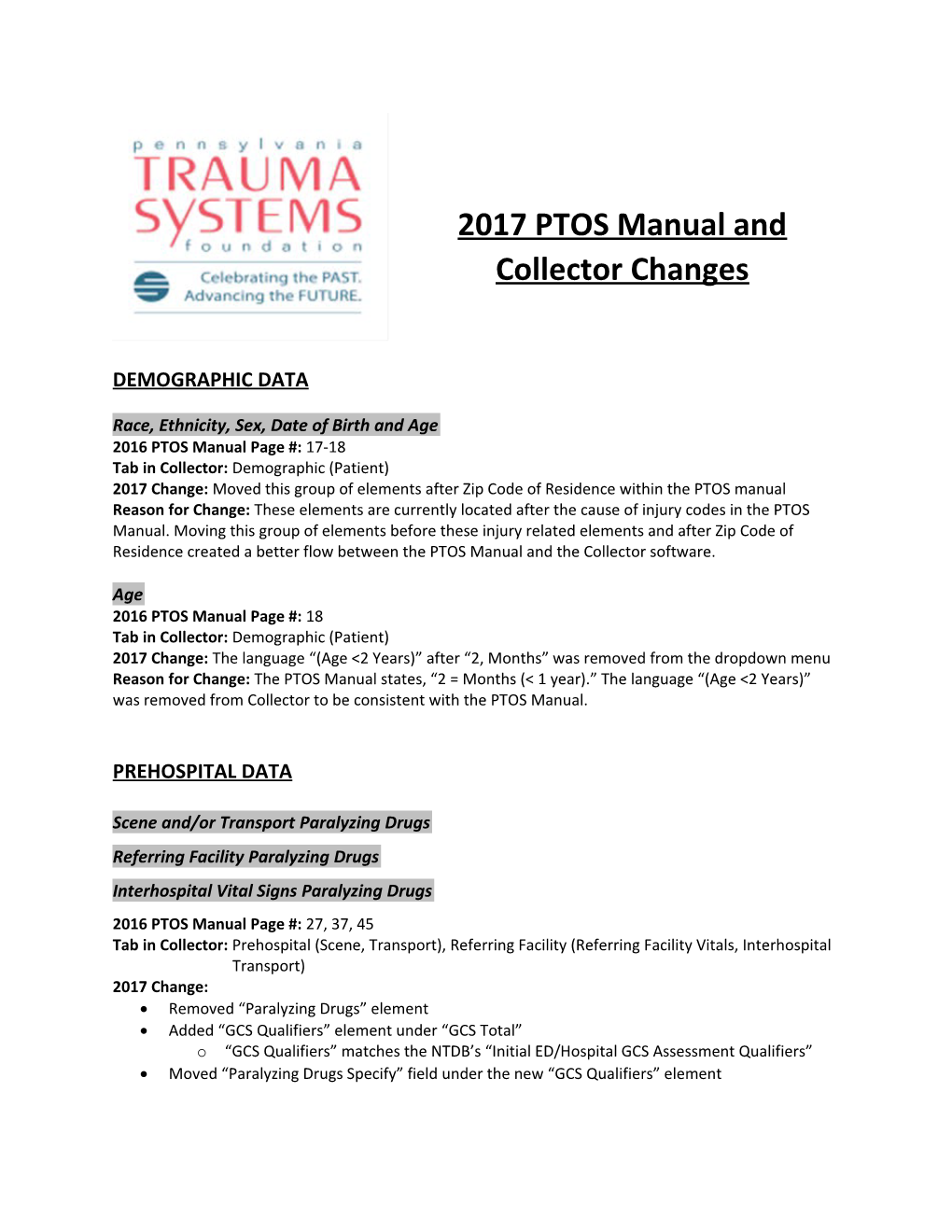 2017 PTOS Manual and Collector Changes