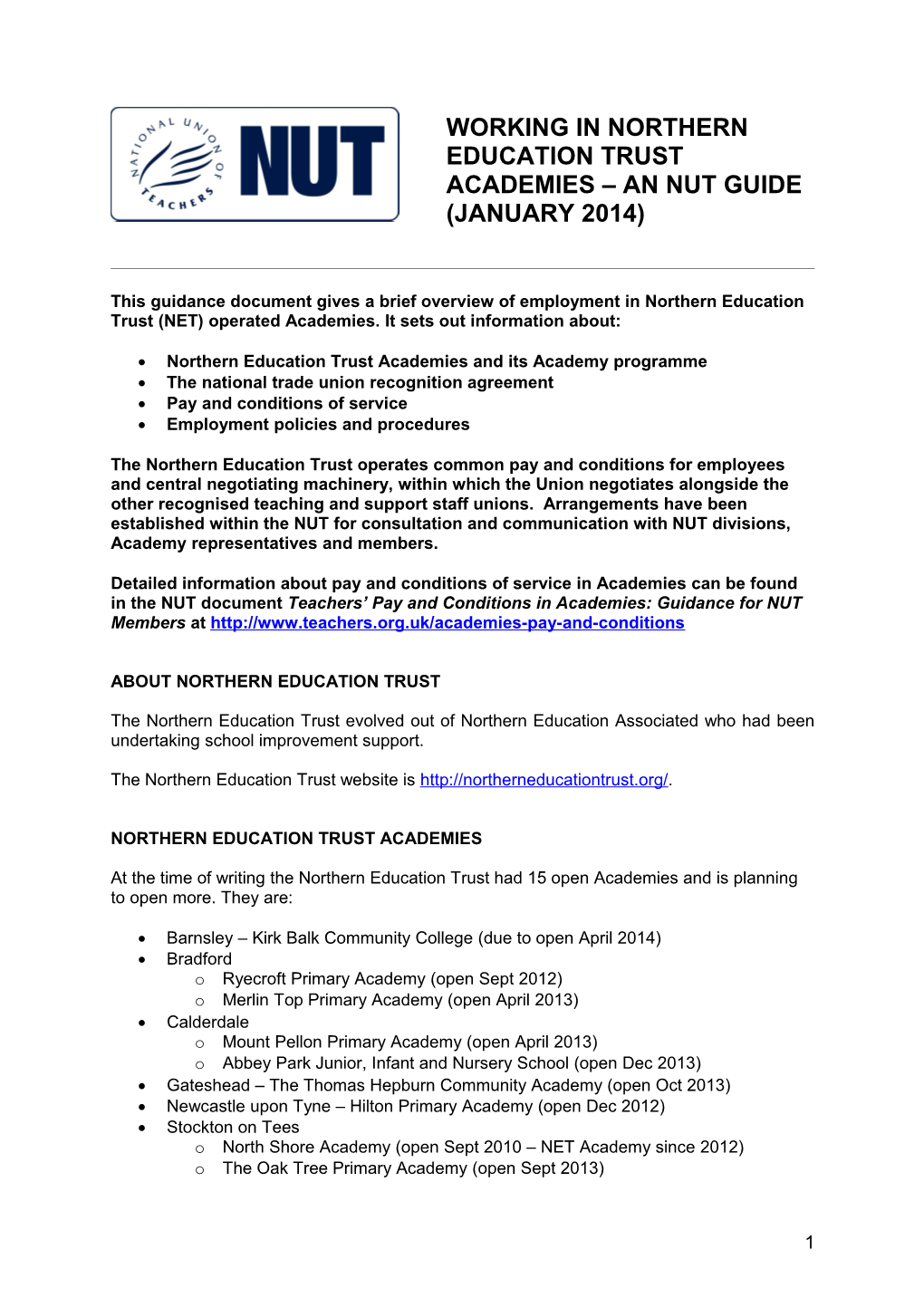 This Guidance Document Gives a Brief Overview of Employment in Northern Education Trust(NET)