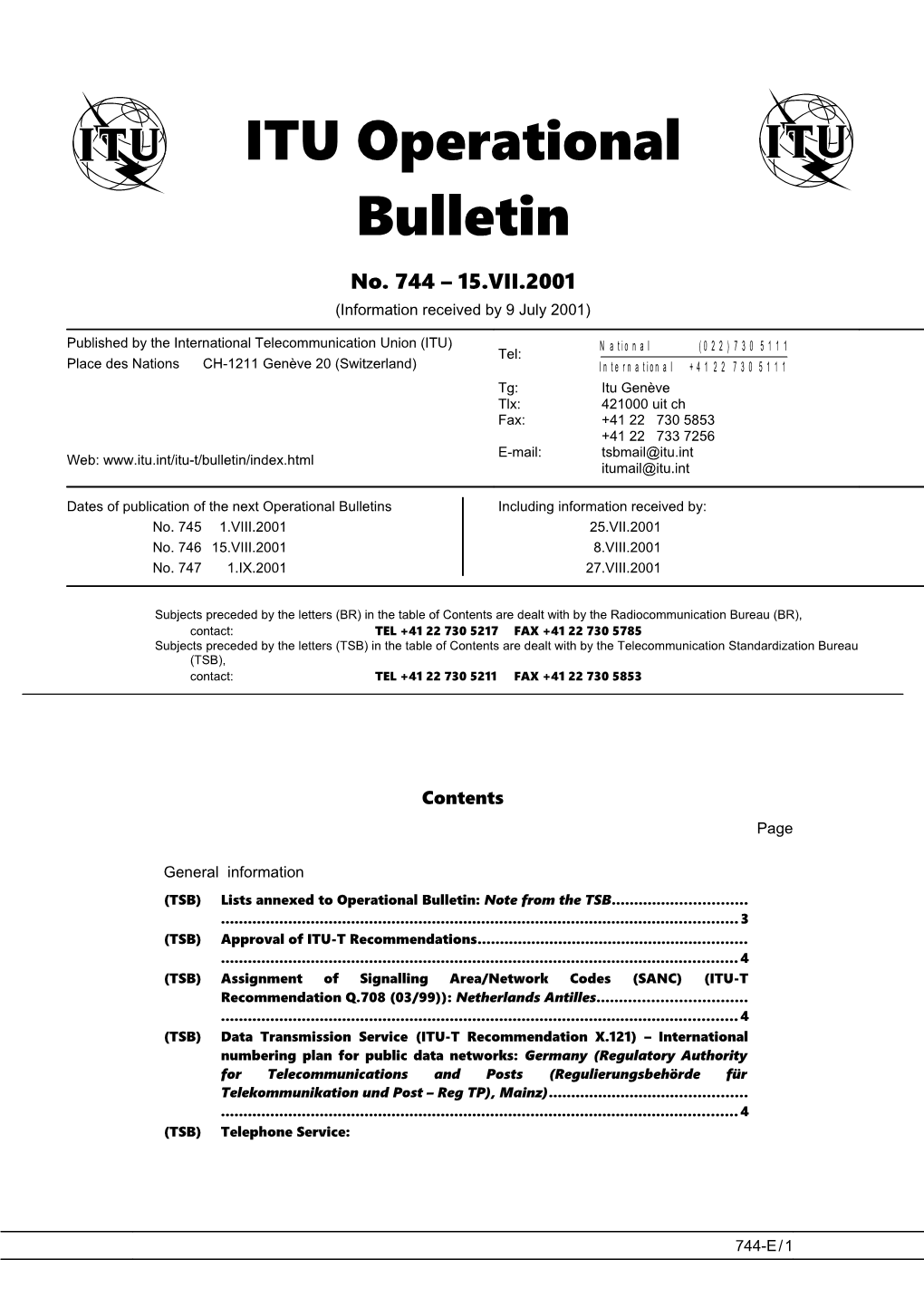 ITU Operational Bulletin 744 - 15.VII.2001