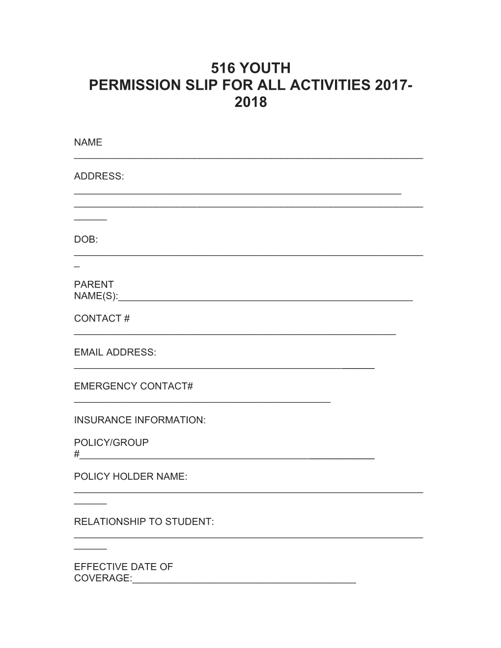 Permission Slip for All Activities 2017-2018