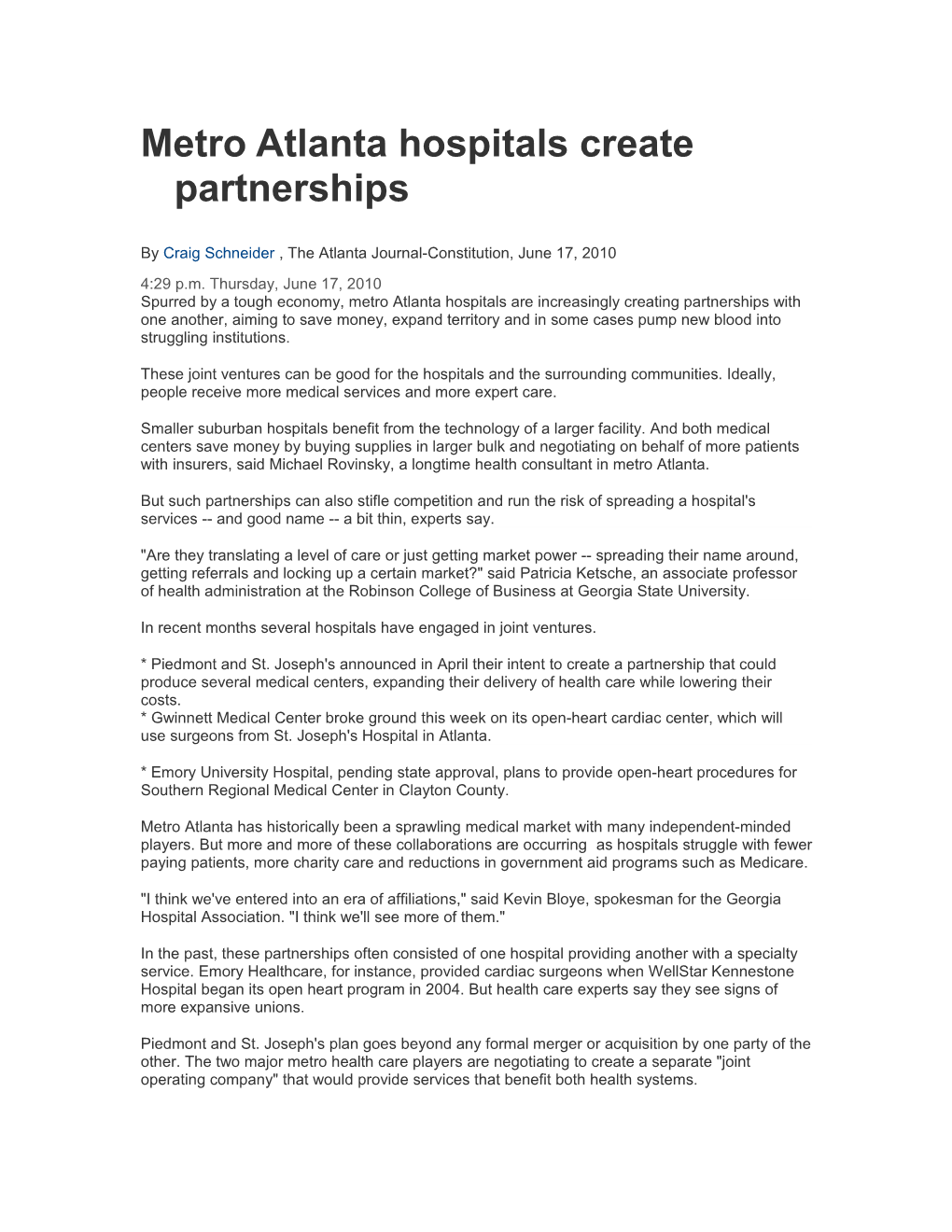 Metro Atlanta Hospitals Create Partnerships