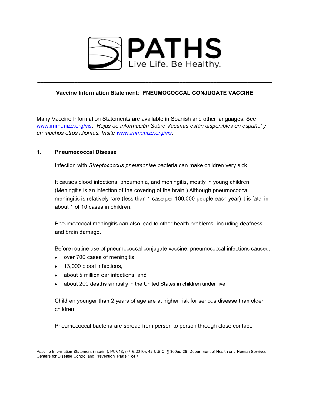 Vaccine Information Statement: PNEUMOCOCCAL CONJUGATE VACCINE