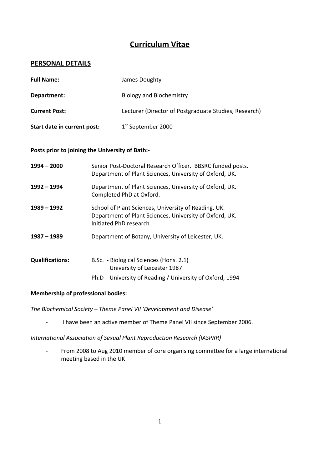 Dr James Doughty - Brief CV
