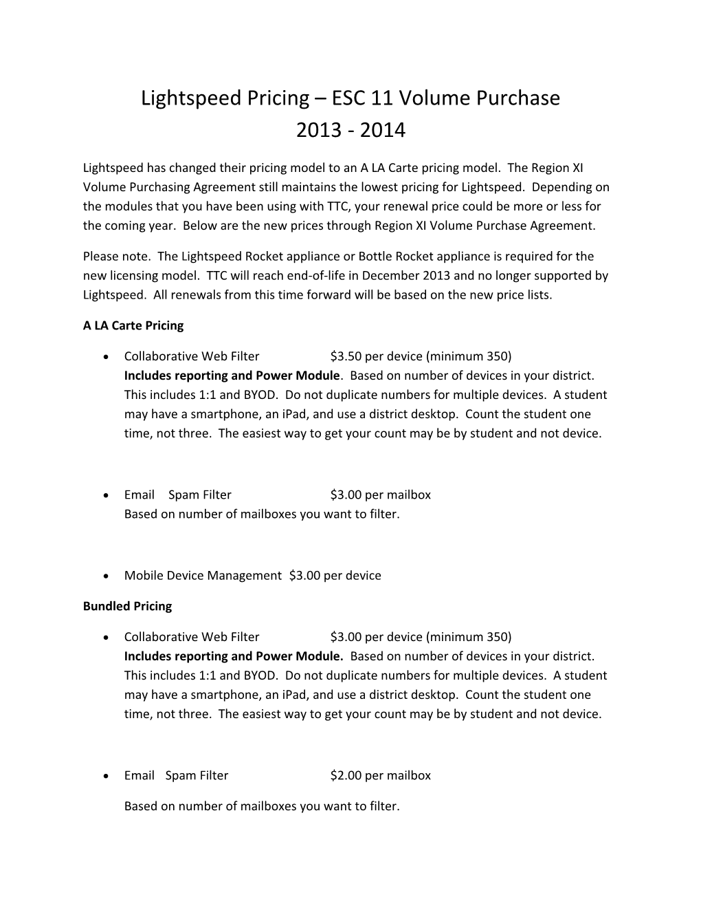 Lightspeed Pricing ESC 11 Volume Purchase 2013 - 2014