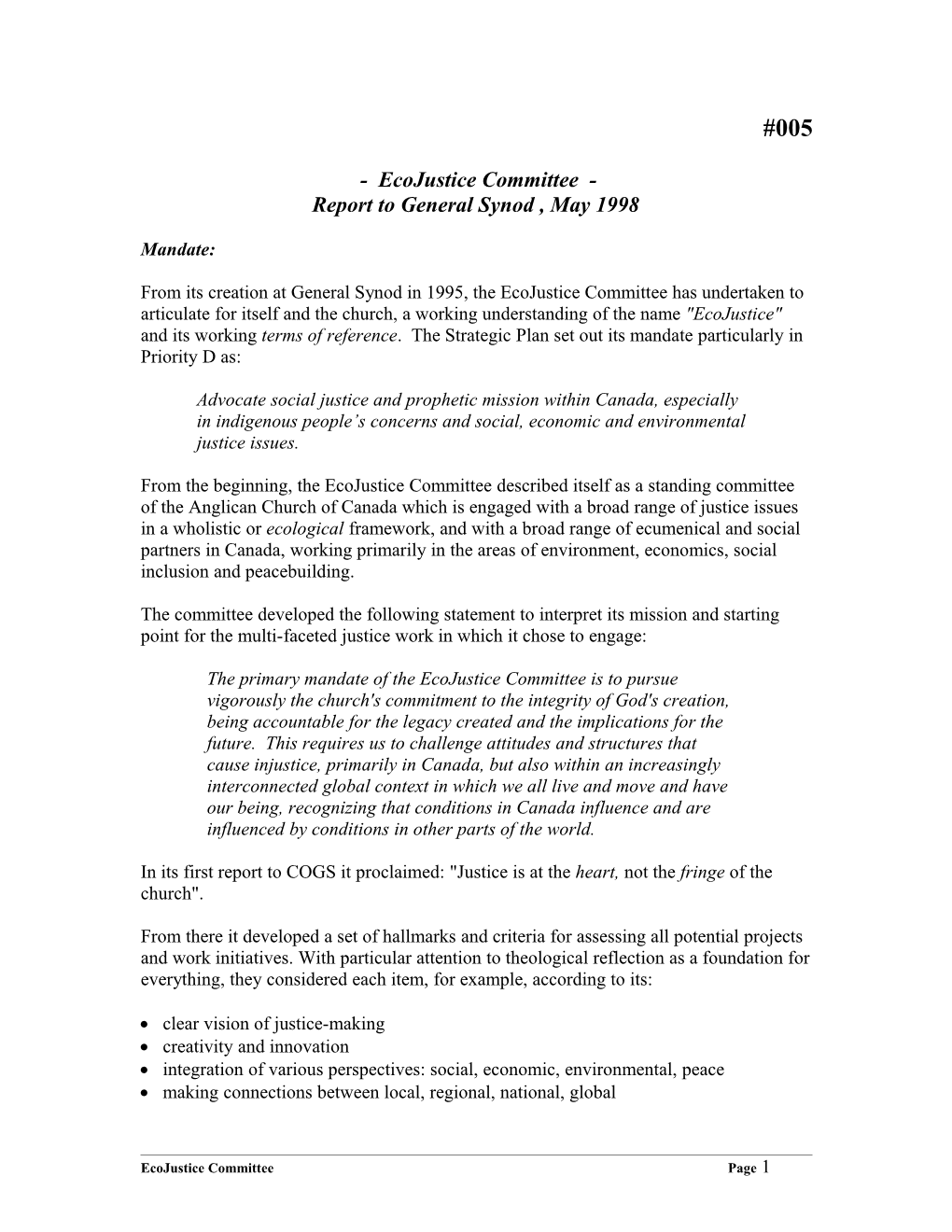 Ecojustice Committee Report to General Synod, May 1998