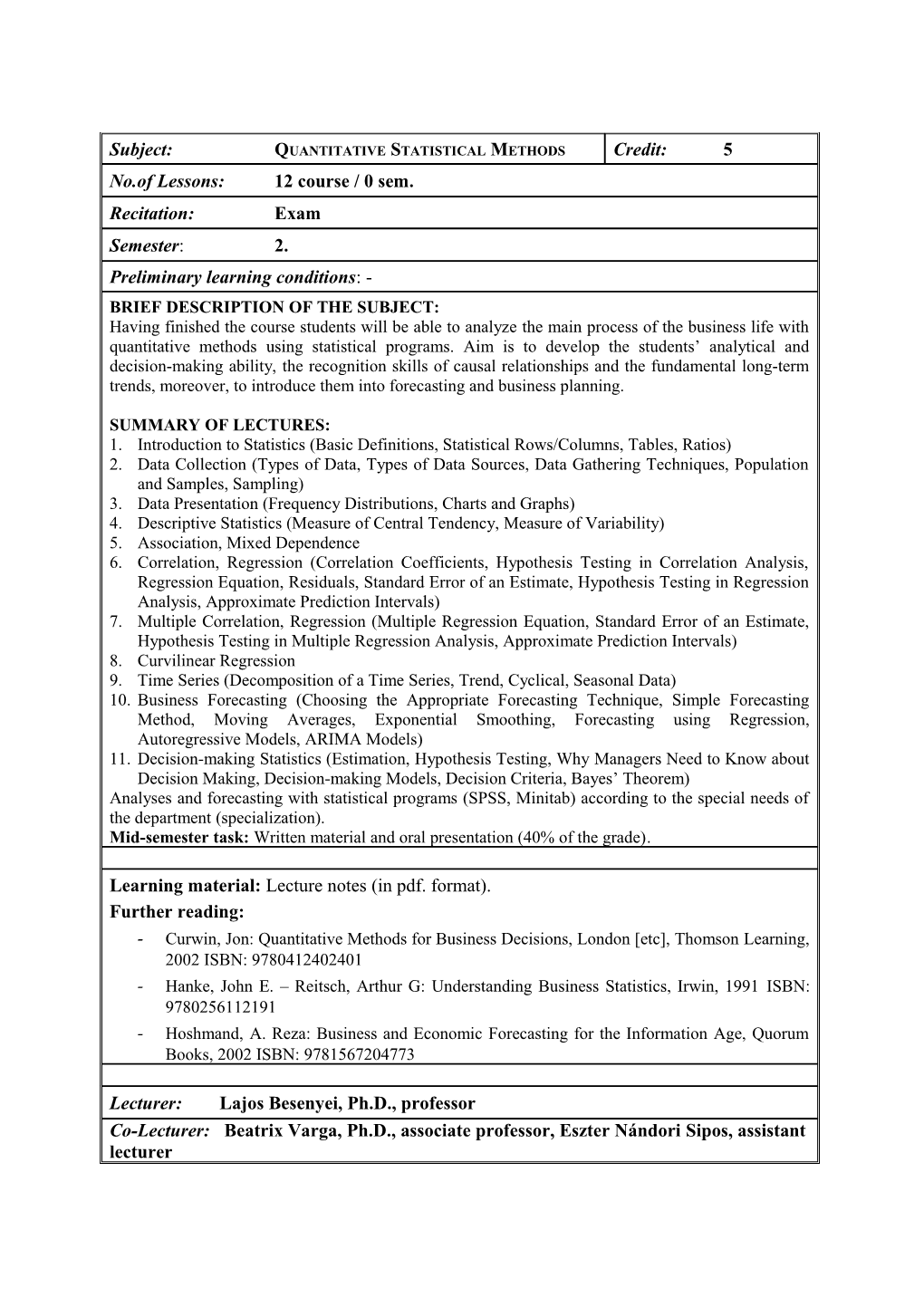 Overview Table of the Model Curriculum, Course Syllabuses