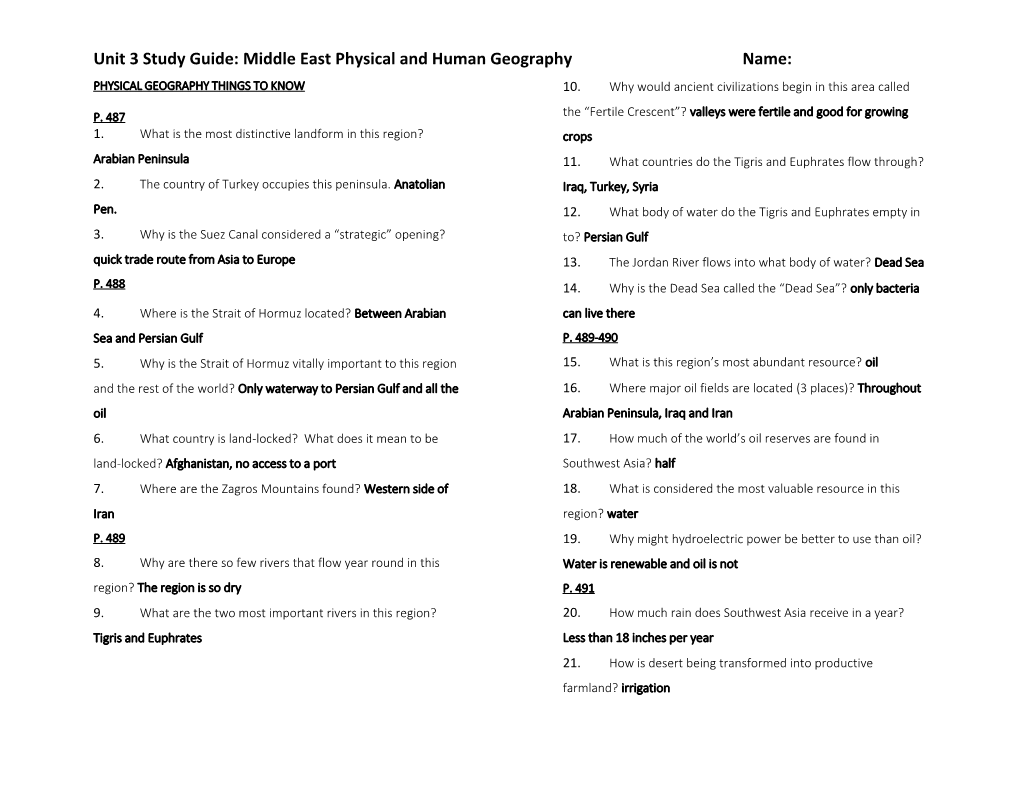 Unit 3 Study Guide: Middle East Physical and Human Geographyname