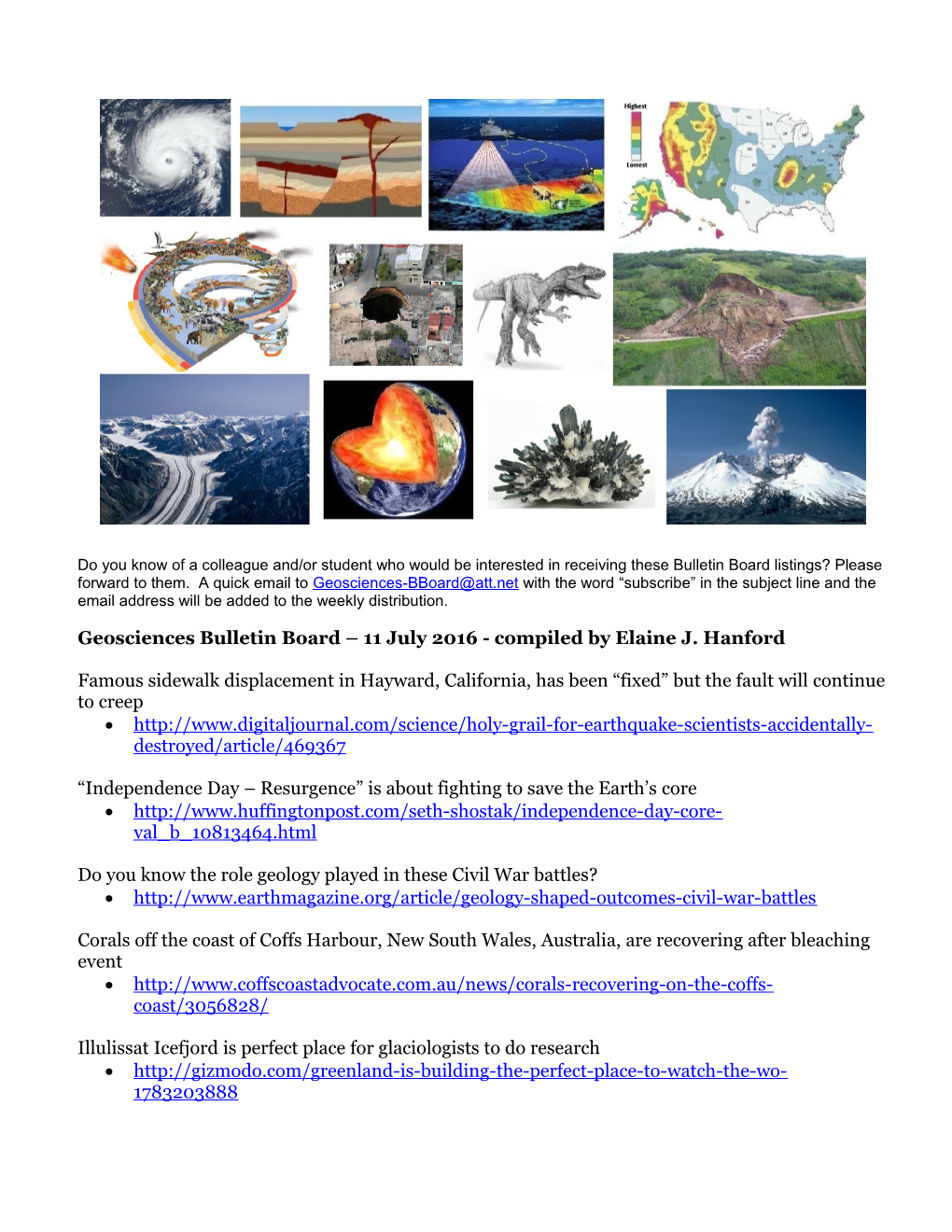 Geosciences Bulletin Board 11 July 2016- Compiled by Elaine J. Hanford