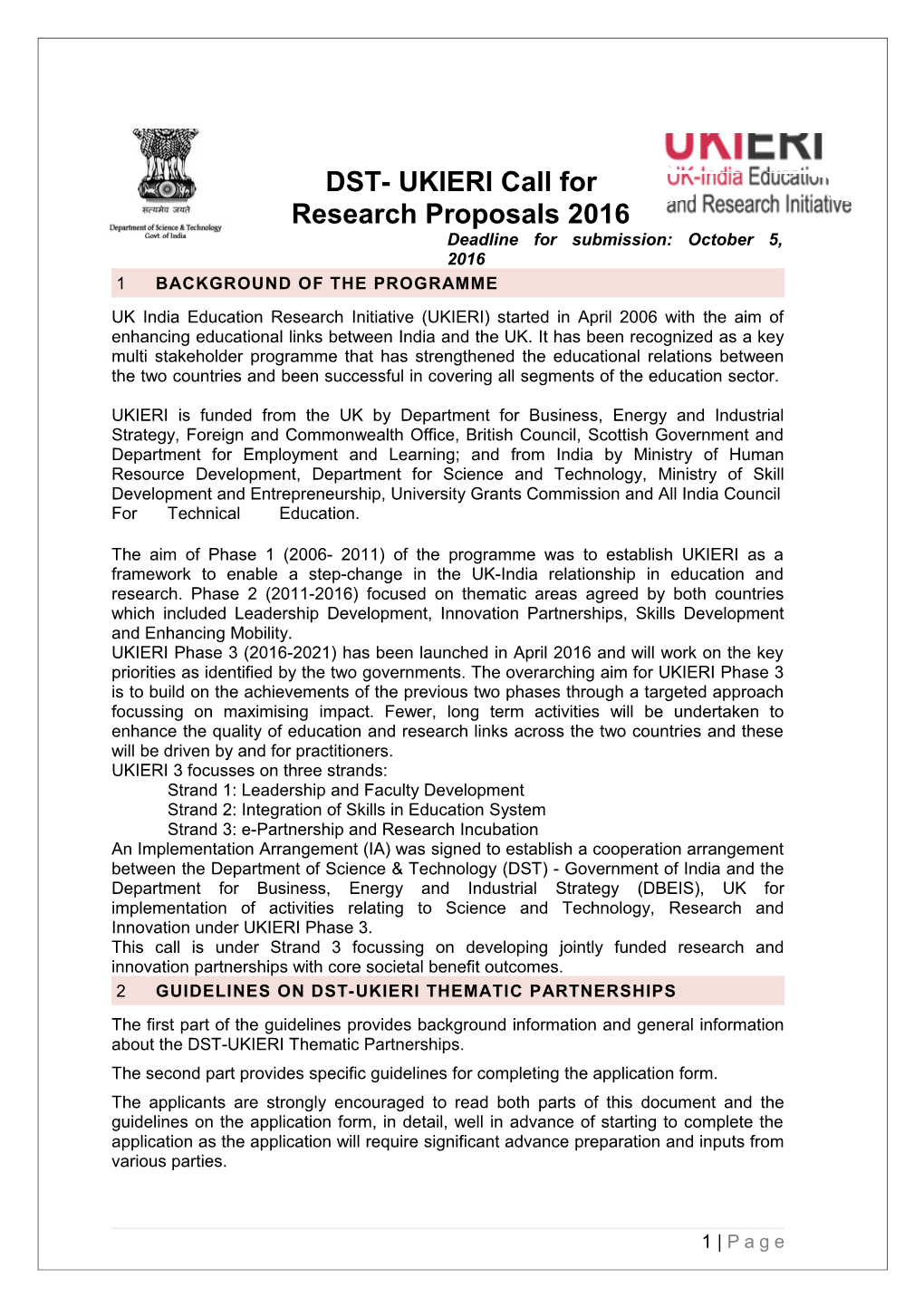 DST- UKIERI Call for Research Proposals 2016