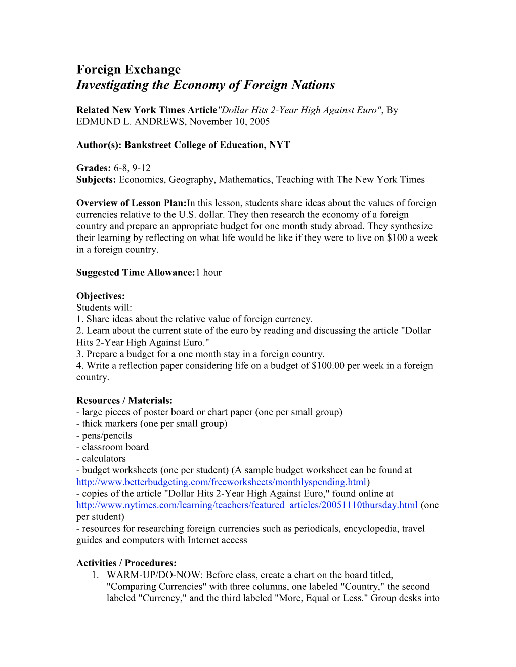 Investigating the Economy of Foreign Nations