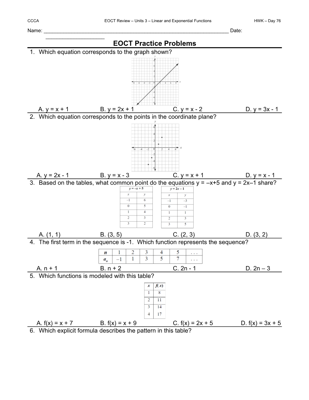 CCCA EOCT Review Units 3 Linear and Exponential Functionshwk Day 76