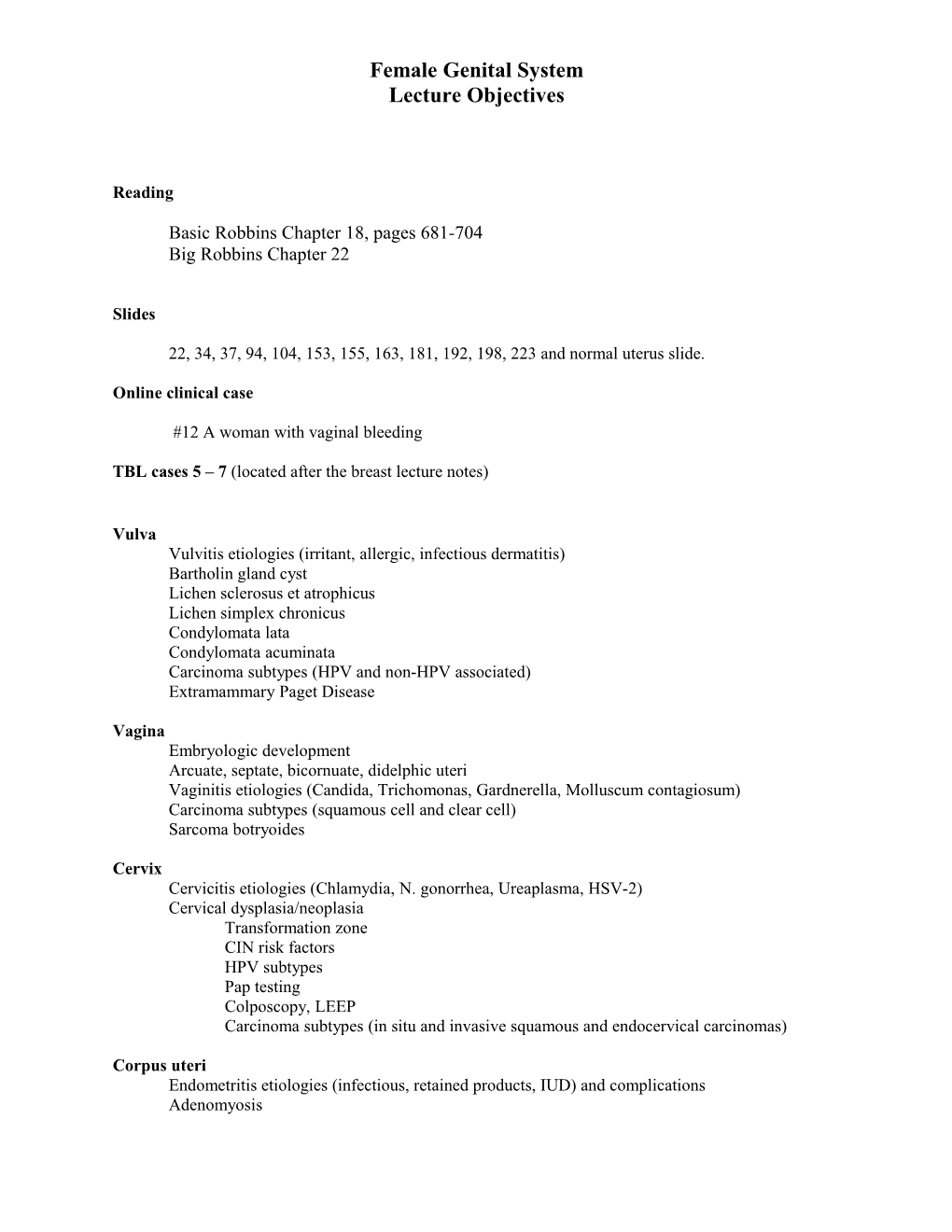 Female Genital System Lecture Objectives, Page 1