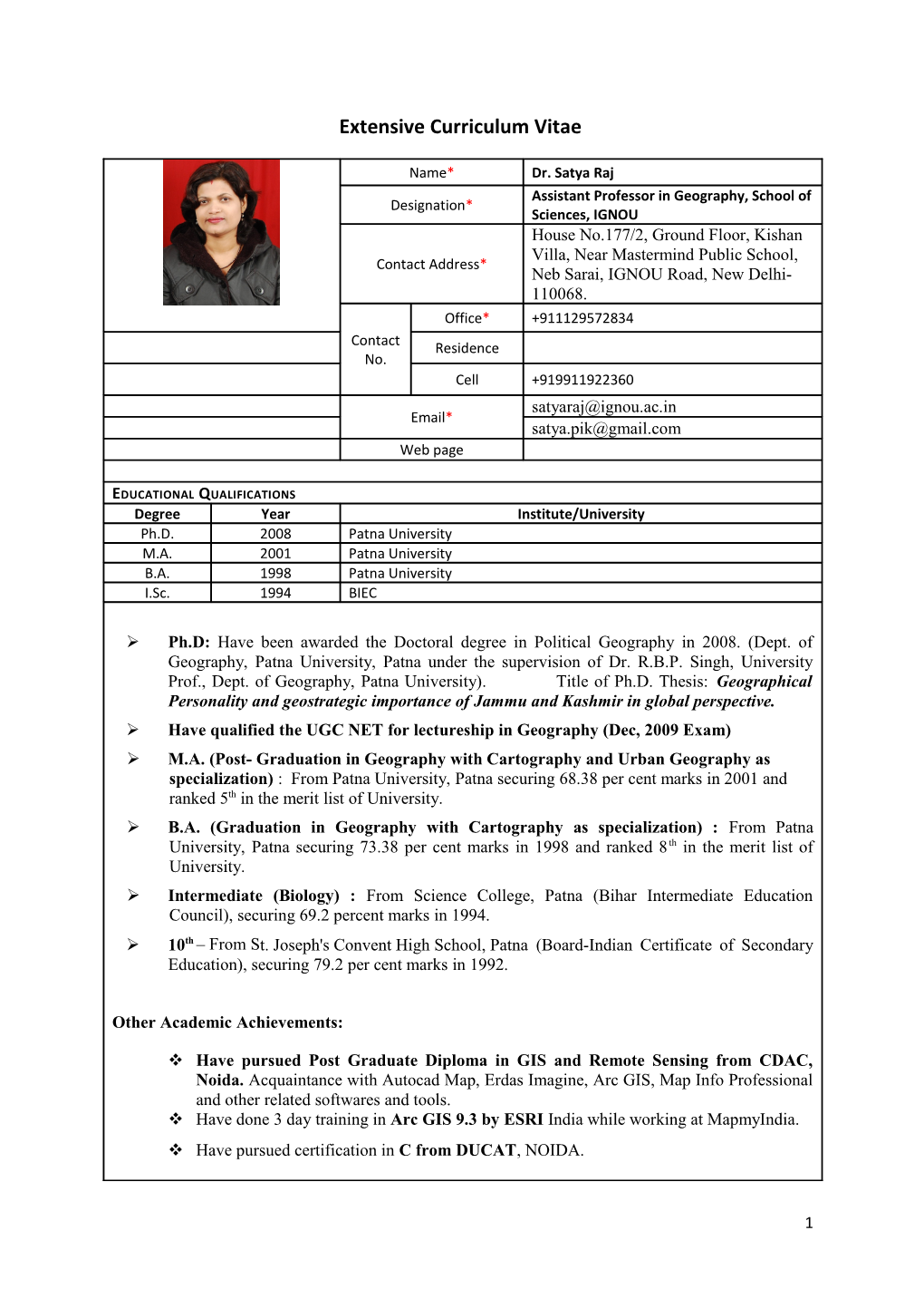 Extensive Curriculum Vitae