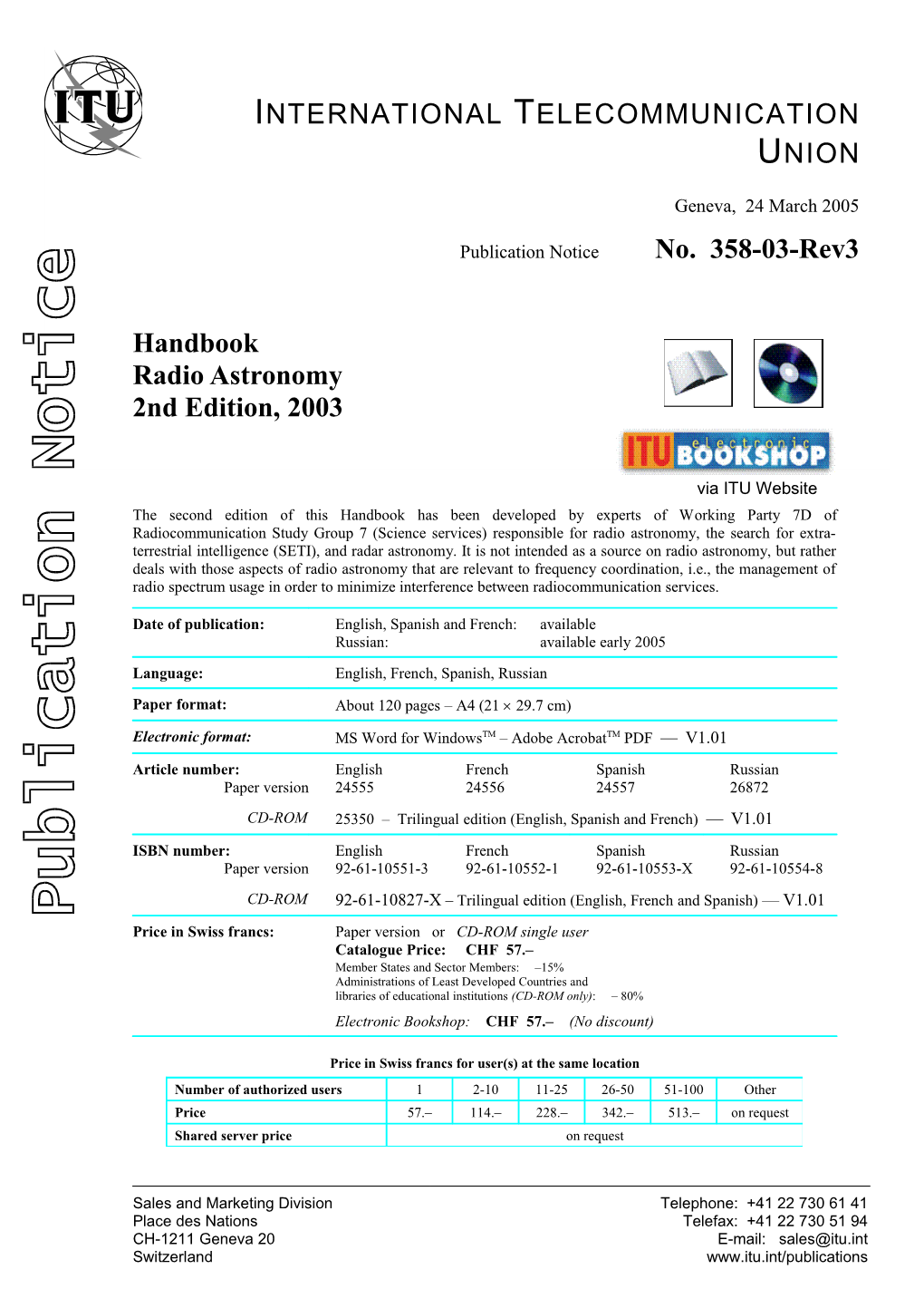 Publication Notice No. 358-03-Rev-05 Handbook - Radio Astonomy Second Edition 2003
