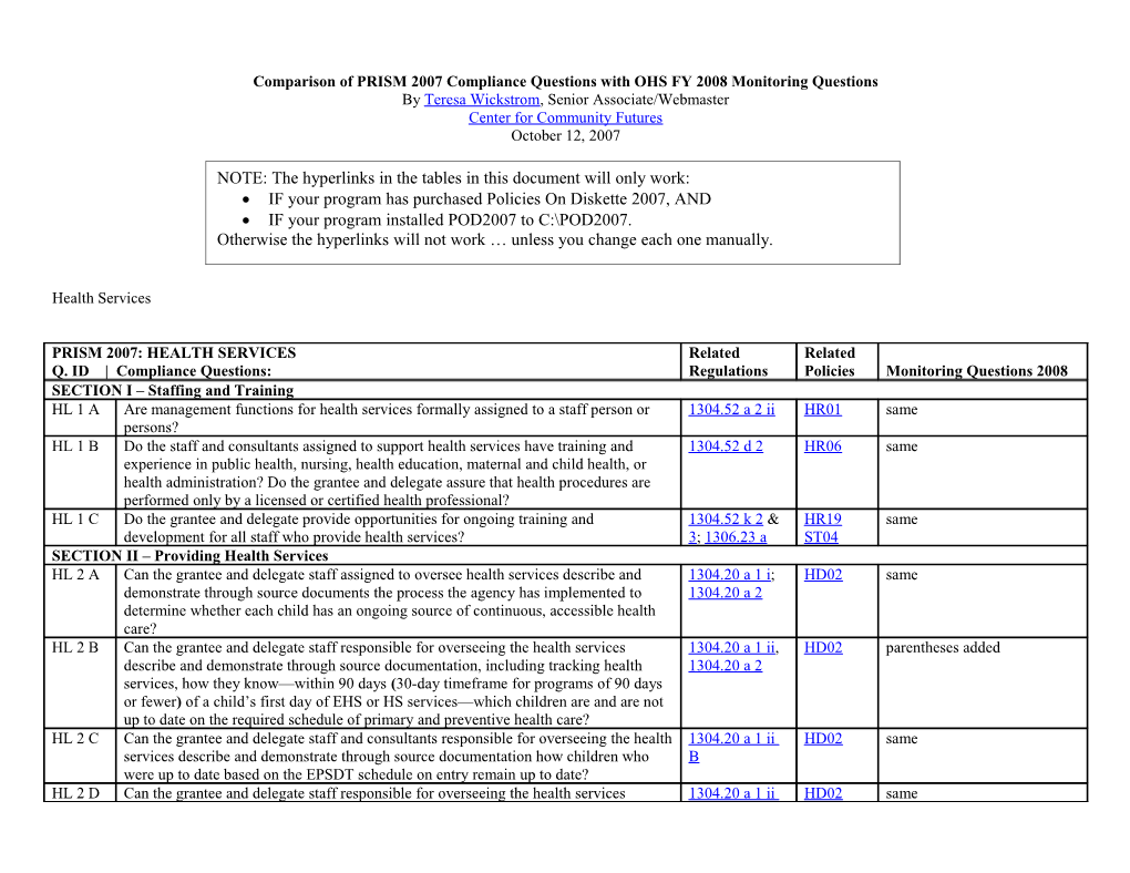 Comparison of PRISM 2007 Compliance Questions with OHS FY 2008 Monitoring Questions