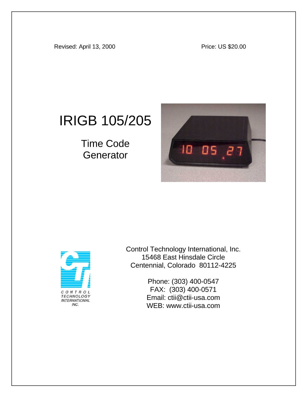 IRIGB 105/205 Time Code Generator Module