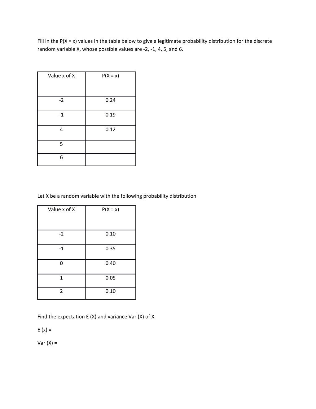 Let X Be a Random Variable with the Following Probability Distribution