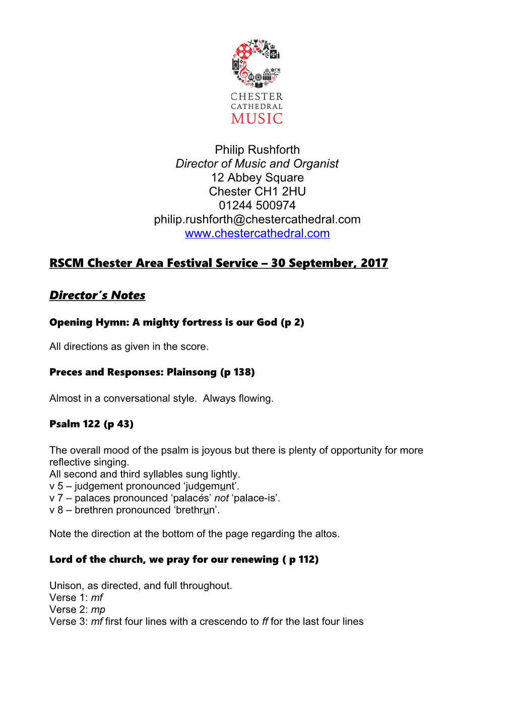 RSCM Chester Area Festival Service 30 September, 2017