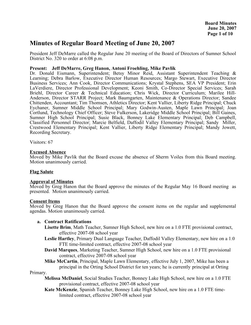 Minutes of Regular Board Meeting of June 20, 2007