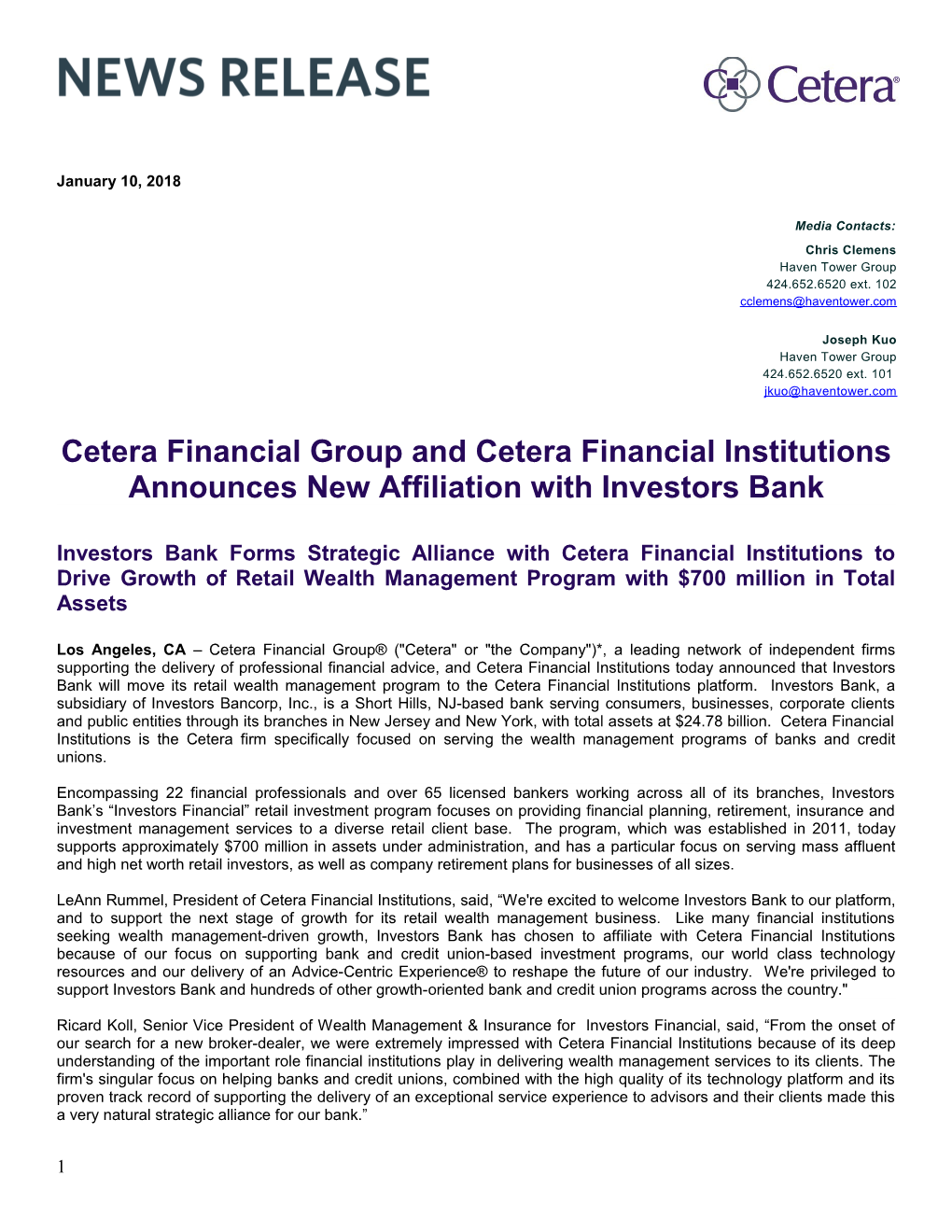 Cetera Financial Group and Cetera Financial Institutions Announces New Affiliationwithinvestors