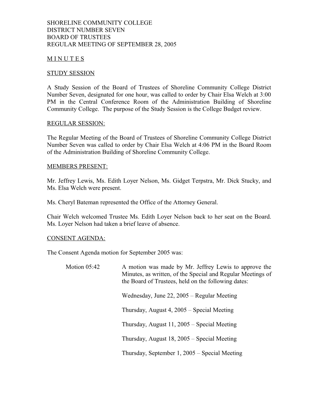 Shoreline Community College Board of Trustees Regular Meeting of September 28, 2005