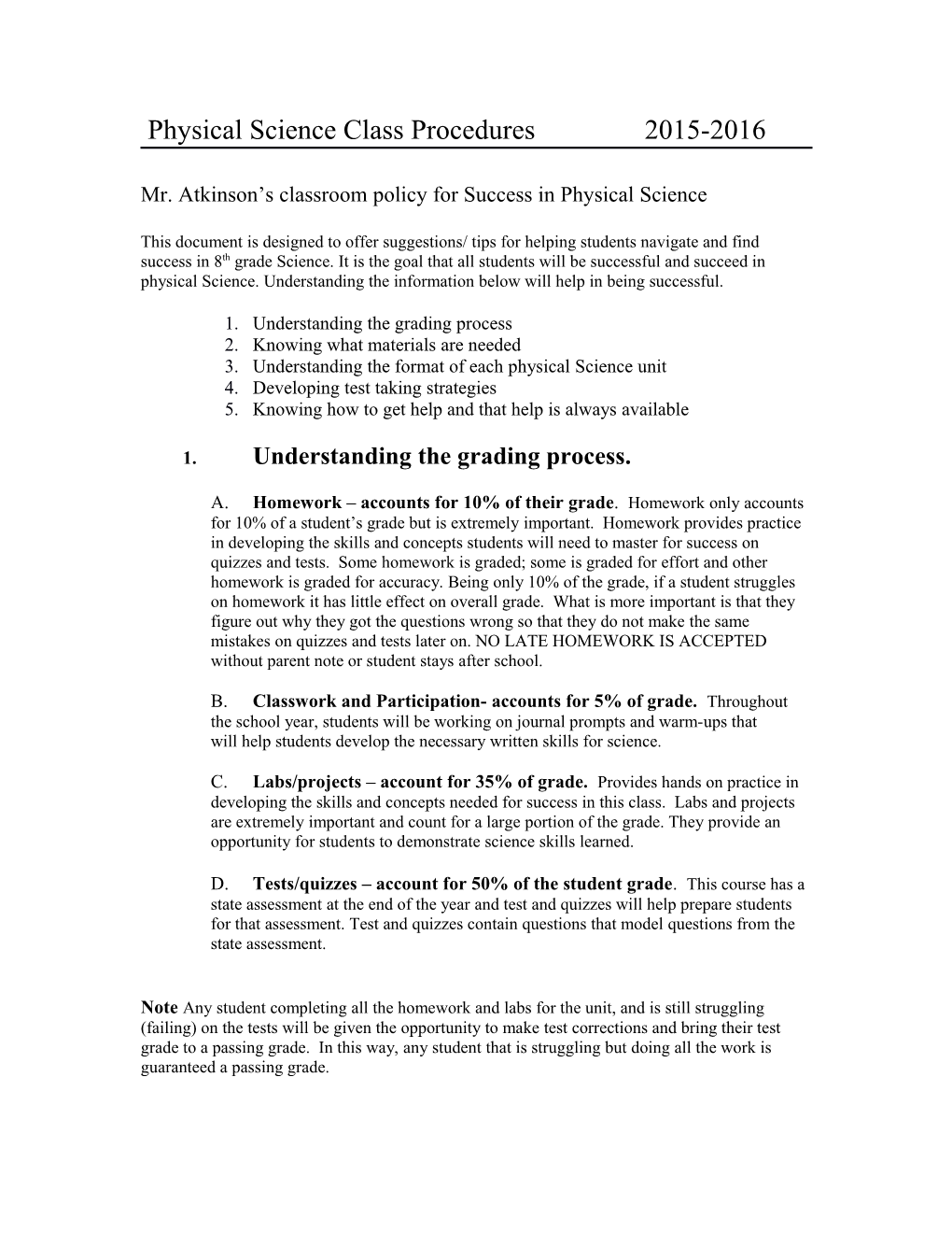 Earth Science Class Procedures