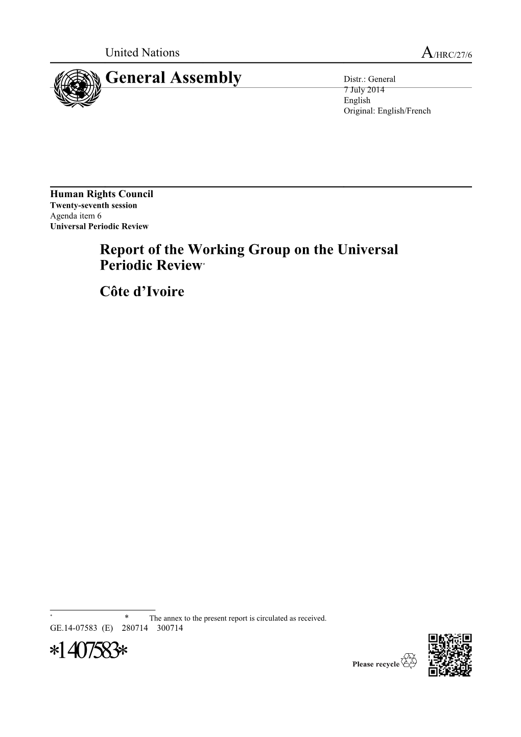 Report of the Working Group on the Universal Periodic Review - Côte D'ivoire in English