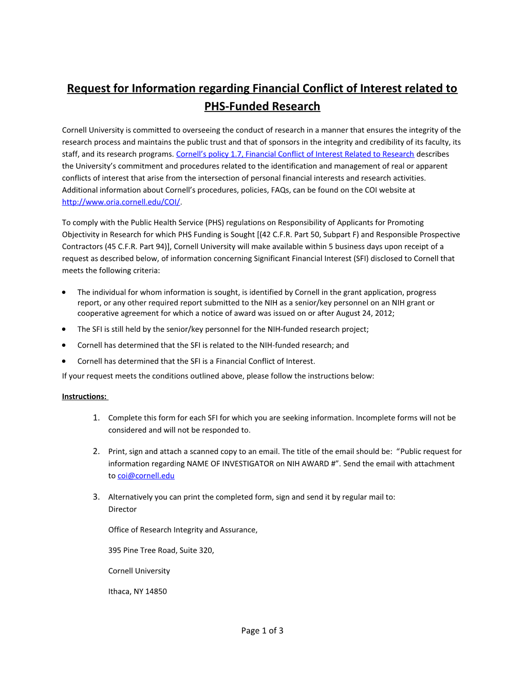 Request for Information Regarding Financial Conflict of Interest Related to PHS-Funded