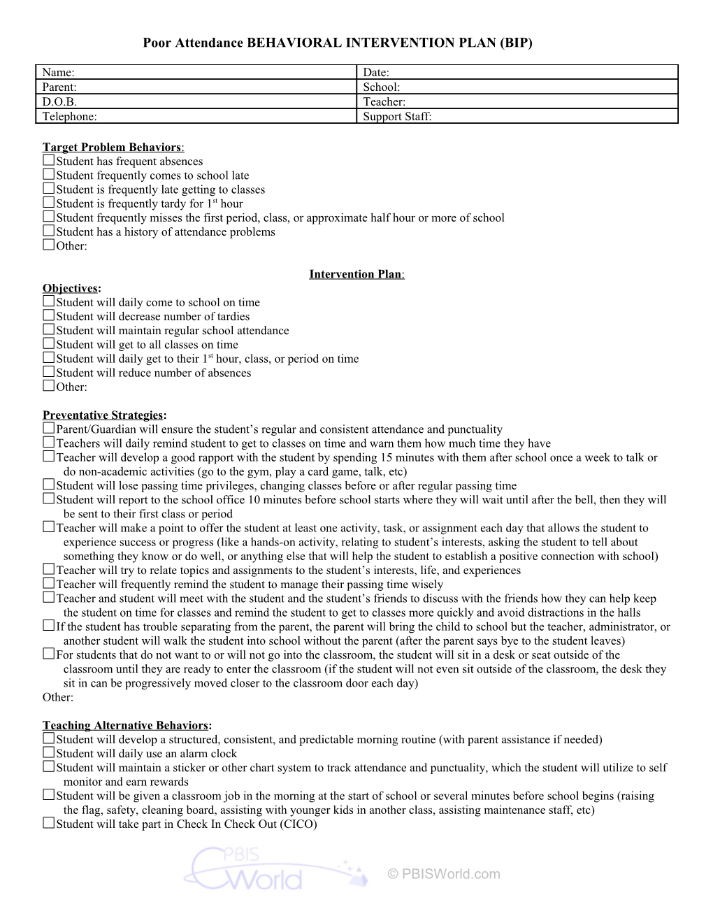 Pbisworld.Com Behavior Intervention Plan for Poor Attendance